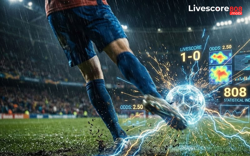 Dynamic Livescore 808 statistical indicators bursting from a powerful strike on a rainy pitch