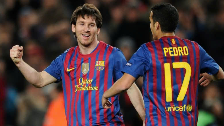 Messi celebrating his historic five-goal haul against Bayer Leverkusen during the 2012 Champions League knockout stage